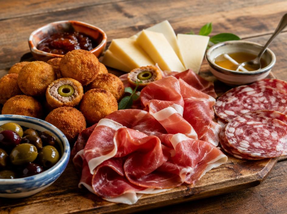 Tagliere con olive ascolane fritte, prosciutto, ciauscolo e formaggi