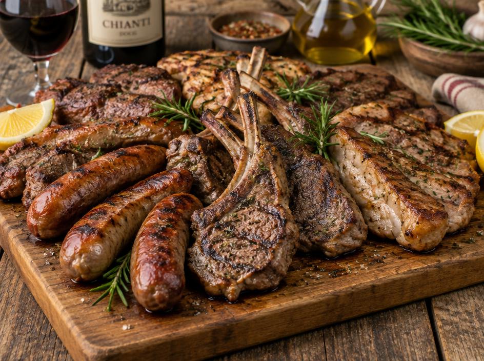 Grigliata mista di salsicce, costolette d'agnello e maiale
