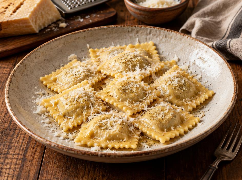 Piatto di ravioli ricotta e pecorino con pecorino grattugiato