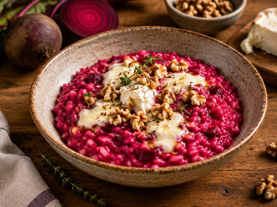Risotto rosa alla rapa rossa con stracchino e noci